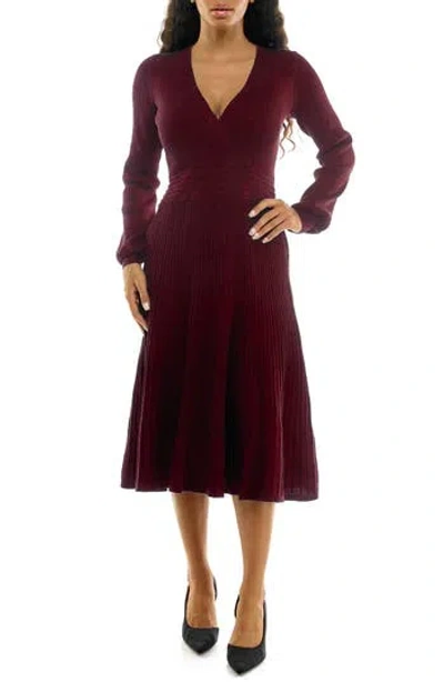 Nina Leonard Long Sleeve Ribbed Fit & Flare Sweater Dress In Burgundy
