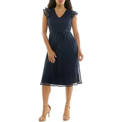 Nina Leonard Mesh Fit & Flare Dress In Blue
