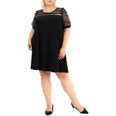 Nina Leonard Mesh Inset Trapeze Dress In Black