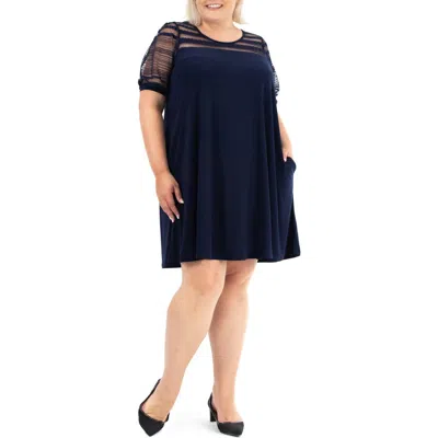 Nina Leonard Mesh Inset Trapeze Dress In Navy