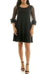 Nina Leonard Mesh Sleeve Trapeze Dress In Black