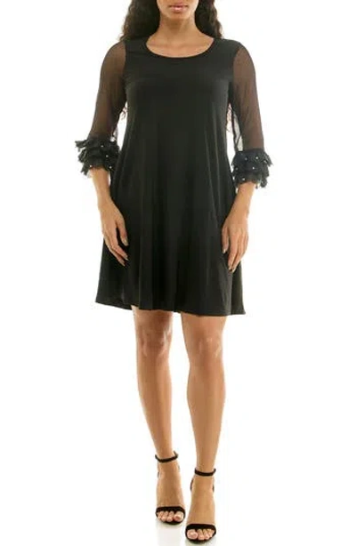 Nina Leonard Mesh Sleeve Trapeze Dress In Black