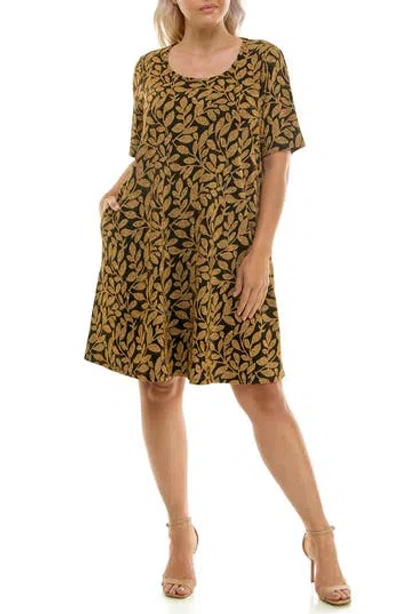 Nina Leonard Metallic Leaf Short Sleeve Trapeze Dress In Multi