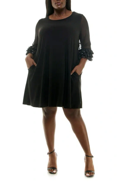 Nina Leonard Mixed Media Trapeze Dress In Black