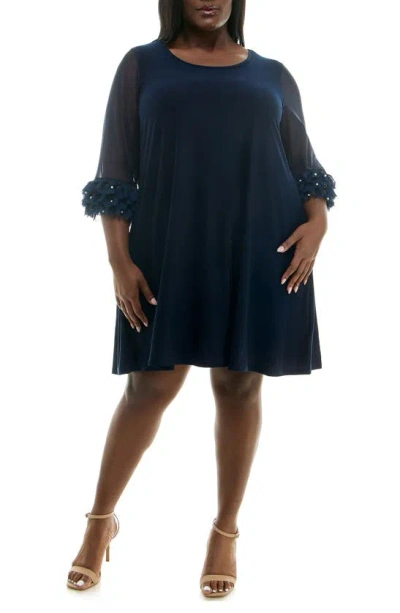 Nina Leonard Mixed Media Trapeze Dress In Navy