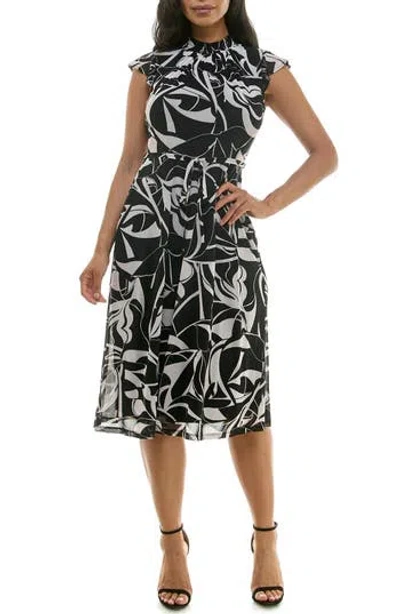 Nina Leonard Mock Neck Flutter Sleeve Midi Dress In Black/white