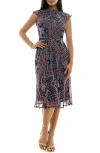 Nina Leonard Mock Neck Flutter Sleeve Midi Dress In Navy/ Berry