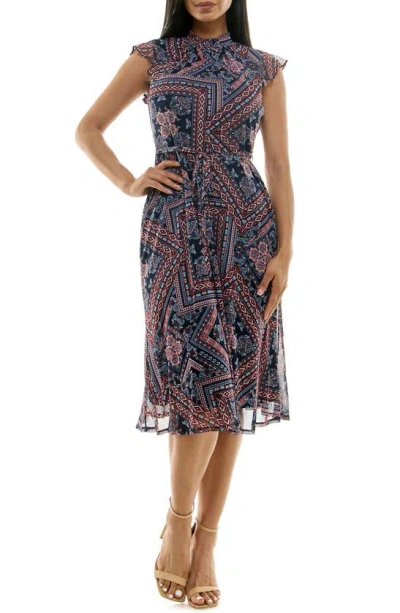 Nina Leonard Mock Neck Flutter Sleeve Midi Dress In Multi