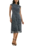 Nina Leonard Mock Neck Flutter Sleeve Midi Dress In Navy/denim