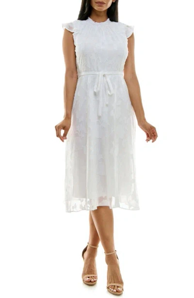 Nina Leonard Mock Neck Flutter Sleeve Midi Dress In White