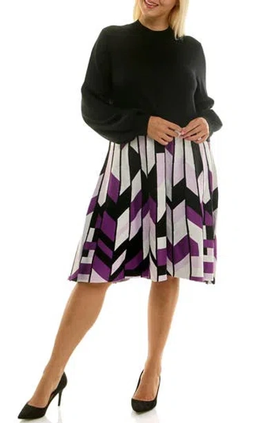 Nina Leonard Mock Neck Long Sleeve Mixed Media Dress In Multi