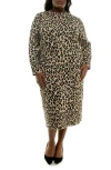 Nina Leonard Mock Neck Long Sleeve Sheath Dress In Beige/black Multi