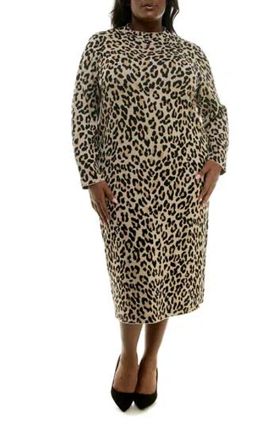 Nina Leonard Mock Neck Long Sleeve Sheath Dress In Beige/black Multi