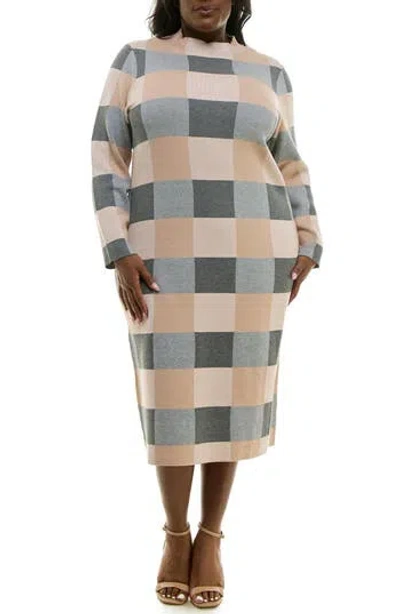 Nina Leonard Mock Neck Long Sleeve Sheath Dress In Grey/tan Multi