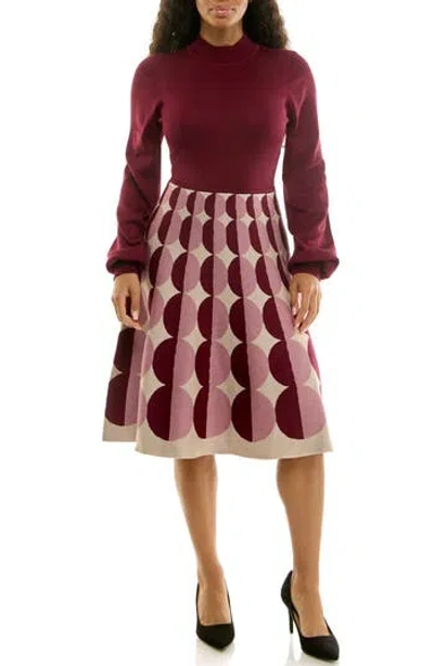 Nina Leonard Mock Neck Long Sleeve Sweater Dress In Burgundy