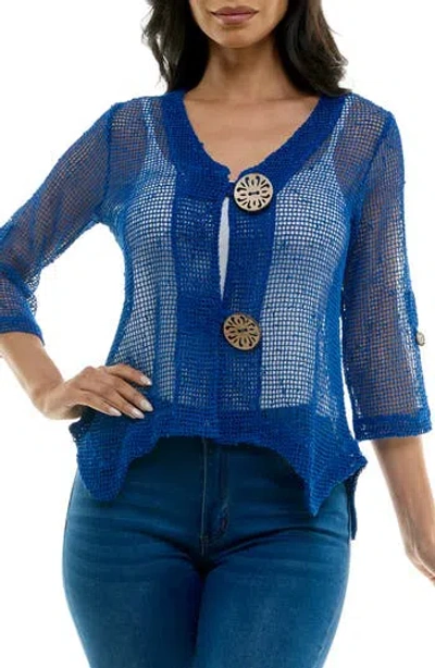Nina Leonard Open Knit Bolero Cardigan In Blue