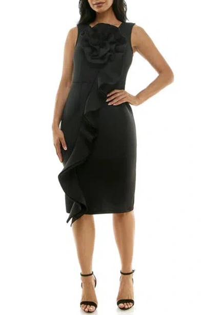 Nina Leonard Oversize Rosette Ruffle Sheath Dress In Black
