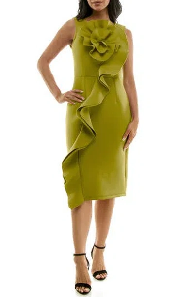 Nina Leonard Oversize Rosette Ruffle Sheath Dress In Moss