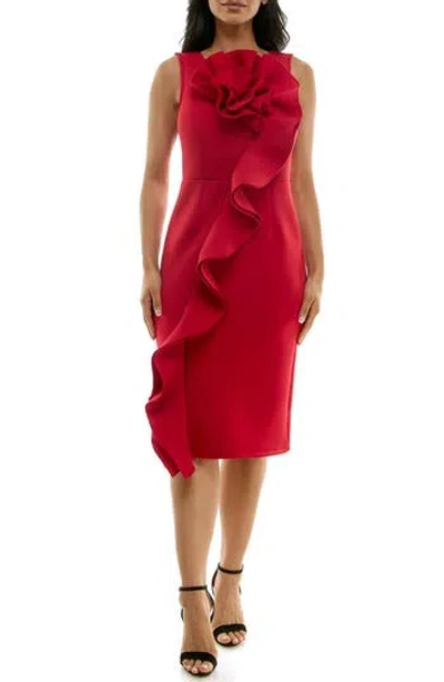 Nina Leonard Oversize Rosette Ruffle Sheath Dress In Nina Red