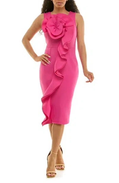 Nina Leonard Oversize Rosette Ruffle Sheath Dress In Pink