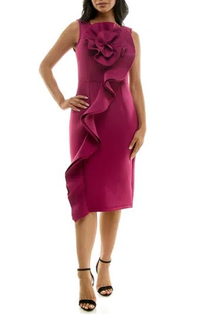 Nina Leonard Oversize Rosette Ruffle Sheath Dress In Sangria