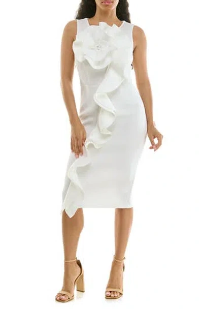 Nina Leonard Oversize Rosette Ruffle Sheath Dress In White