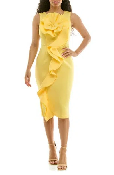 Nina Leonard Oversize Rosette Ruffle Sheath Dress In Yellow