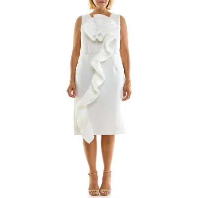 Nina Leonard Oversized Flower Ruffle Sheath Dress In White