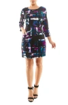 Nina Leonard Patterned 3/4 Sleeve Trapeze Dress In Black/deep Sapphire