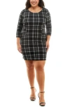 Nina Leonard Patterned 3/4 Sleeve Trapeze Dress In Black/ivory