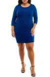 Nina Leonard Patterned 3/4 Sleeve Trapeze Dress In Deep Sapphire/black