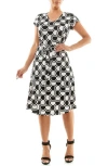 Nina Leonard Patterned Cap Sleeve Fit & Flare Dress In Black/ivory Multi