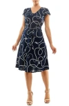 Nina Leonard Patterned Cap Sleeve Fit & Flare Dress In Blue