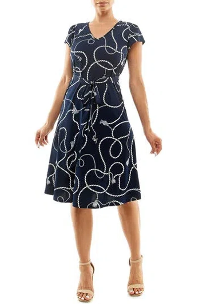 Nina Leonard Patterned Cap Sleeve Fit & Flare Dress In Navy/white