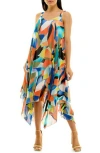 Nina Leonard Patterned Handkerchief Hem Dress In Black/deep Sapphire