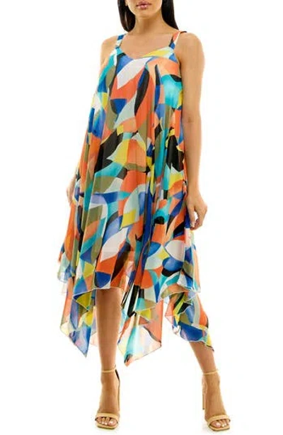 Nina Leonard Patterned Handkerchief Hem Dress In Black/deep Sapphire