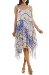 Nina Leonard Patterned Handkerchief Hem Dress In Blue/white Multi Combo
