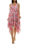 Nina Leonard Patterned Handkerchief Hem Dress In Guava Multi