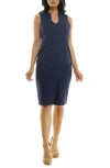 Nina Leonard Pinstripe U Neck Sleeveless Midi Sheath Dress In Blue