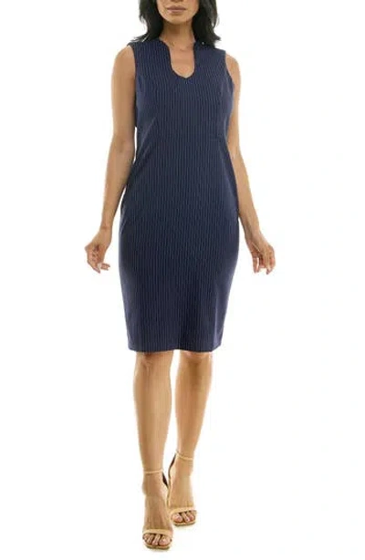 Nina Leonard Pinstripe U Neck Sleeveless Midi Sheath Dress In Blue