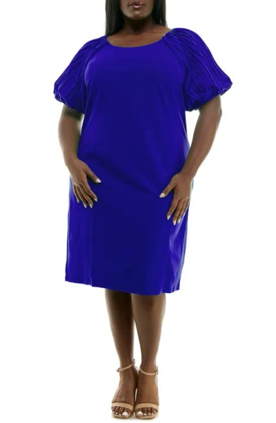 Nina Leonard Pleat Puff Sleeve Midi Dress In Bright Cobalt