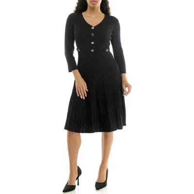 Nina Leonard Pleated Long Sleeve Sweater Dress In Black