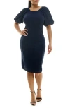 Nina Leonard Pleated Puff Sleeve Glitter Sheath Dress In Navy