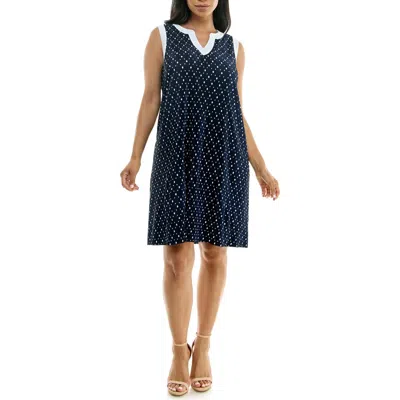 Nina Leonard Plissé Split Neck Dress In Navy/white