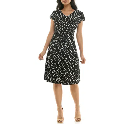Nina Leonard Polka Dot Cap Sleeve Midi Dress In Black/vanilla Ice