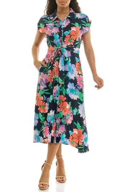 Nina Leonard Print Short Sleeve Shirtdress In Multi