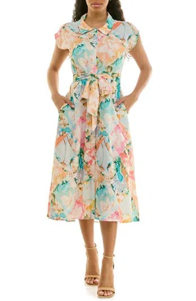 Nina Leonard Print Short Sleeve Shirtdress In Multi