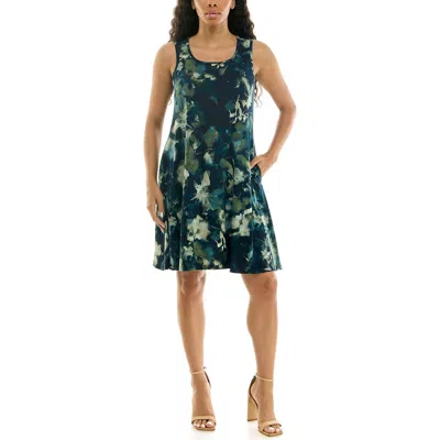 Nina Leonard Print Trapeze Dress In Navy/ Basil Multi