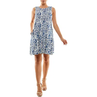 Nina Leonard Puff Print Sleeveless Trapeze Dress In Denim/white