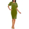 Nina Leonard Puff Sleeve Shift Dress In Olive Branch